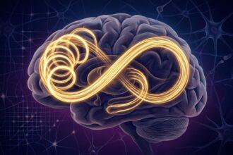 Neuroscience illustration explaining why your brain repeats the same thoughts — cognitive loops and rumination