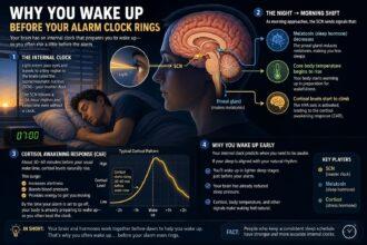 Neuroscience illustration showing why you wake up before alarm clocks ring — the suprachiasmatic nucleus and cortisol awakening response