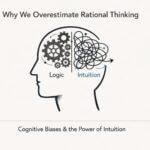 Abstract brain illustration showing why humans overestimate rational thinking, with both ordered and chaotic elements representing cognitive biases and intuition