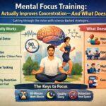 Diagram showing mental focus training methods — aerobic exercise, single-tasking, and 90-minute work blocks for brain performance