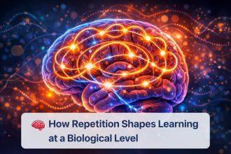 Illustration of repetition and learning — neural pathways strengthening through Long-Term Potentiation and myelination as synaptic connections grow with repeated practice