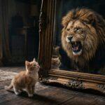 The dunning kruger effect psychology illustrated: a kitten perceiving itself as a lion represents how low-competence individuals dramatically overestimate their abilities.