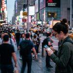 Person staring closely at a smartphone while bustling city motion blurs around them representing inattentional blindness