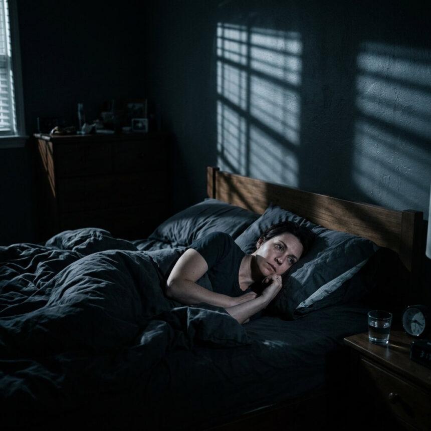 A realistic photo having sleep paralysis explained: a woman waking up in a dark room unable to move.