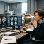 A neuroscientist examining fMRI cortical brain scans on diagnostic monitors in a cognitive research laboratory