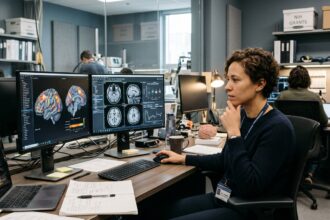 A neuroscientist examining fMRI cortical brain scans on diagnostic monitors in a cognitive research laboratory