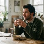 An adult pausing at a sunlit kitchen table experiencing a fleeting moment of dream recall