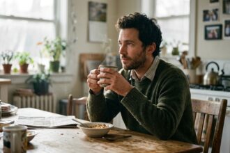 An adult pausing at a sunlit kitchen table experiencing a fleeting moment of dream recall