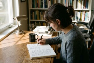 A researcher deeply focused writing at a wooden desk in morning sunlight illustrating the psychological flow state