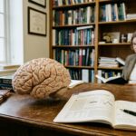 Anatomical human brain model resting on an oak desk beside academic neuroscience research journals in natural window light