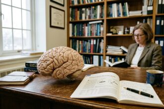 Anatomical human brain model resting on an oak desk beside academic neuroscience research journals in natural window light