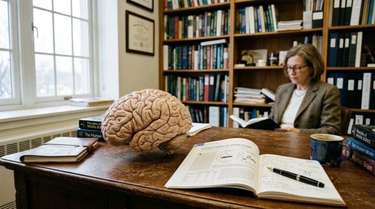Anatomical human brain model resting on an oak desk beside academic neuroscience research journals in natural window light