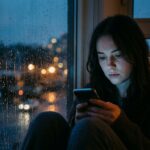 Candid 35mm portrait of an adult looking down at their phone near an evening window with expressions of emotional longing and preoccupation