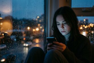 Candid 35mm portrait of an adult looking down at their phone near an evening window with expressions of emotional longing and preoccupation