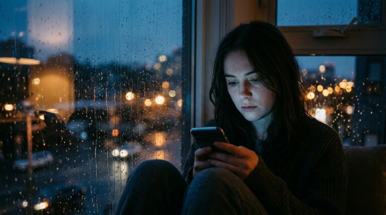 Candid 35mm portrait of an adult looking down at their phone near an evening window with expressions of emotional longing and preoccupation