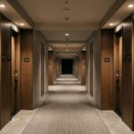 Symmetrical architectural view of a silent empty modern hotel corridor at night with soft warm ceiling lighting