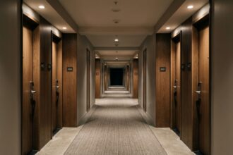 Symmetrical architectural view of a silent empty modern hotel corridor at night with soft warm ceiling lighting