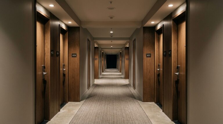Symmetrical architectural view of a silent empty modern hotel corridor at night with soft warm ceiling lighting