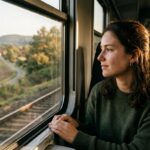 A person gazing out of a train window in deep contemplation and introspection during golden hour