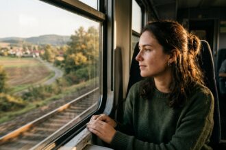 A person gazing out of a train window in deep contemplation and introspection during golden hour