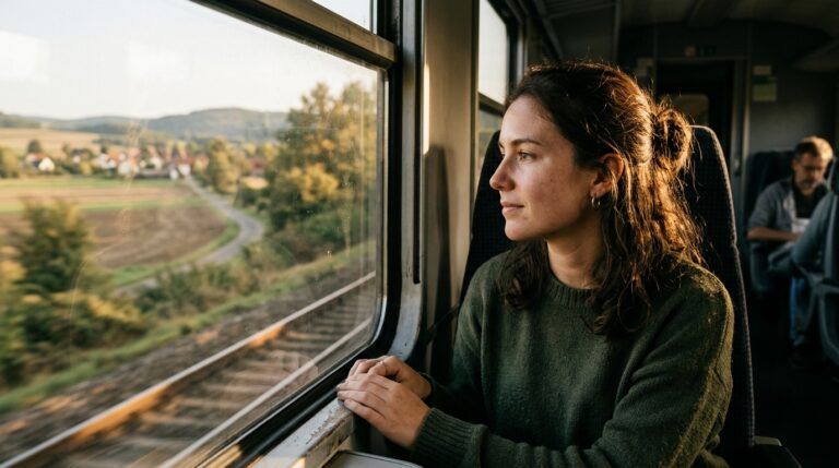 A person gazing out of a train window in deep contemplation and introspection during golden hour