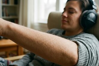 Macro view of real human skin showing genuine goosebumps piloerection on an arm while listening to music with headphones