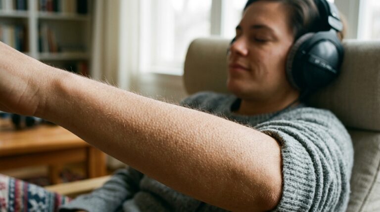 Macro view of real human skin showing genuine goosebumps piloerection on an arm while listening to music with headphones