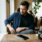 A person at a table instinctively checking their trouser pocket while their smartphone rests untouched on the desk