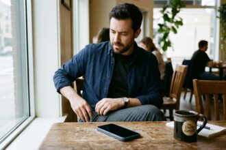 A person at a table instinctively checking their trouser pocket while their smartphone rests untouched on the desk