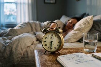 An analog alarm clock on a wooden bedside table at 6:28 AM