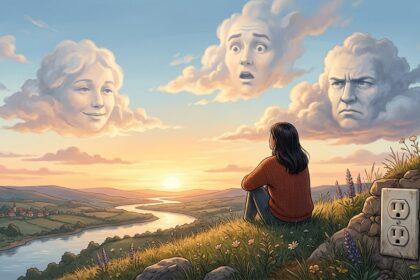 Face pareidolia illustration: a person looking at the sky while clouds form expressive human faces and a wall outlet shows an illusory face