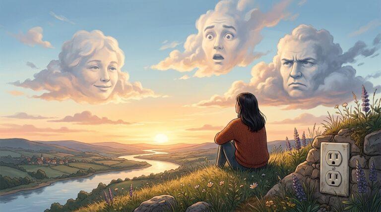 Face pareidolia illustration: a person looking at the sky while clouds form expressive human faces and a wall outlet shows an illusory face