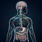 Gut brain axis illustration showing the vagus nerve carrying upward signals from the gut to the brain