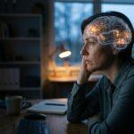 A person experiencing zoom fatigue in front of a glowing multi-tile video conference monitor
