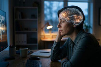 A person experiencing zoom fatigue in front of a glowing multi-tile video conference monitor