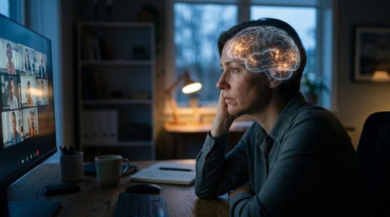 A person experiencing zoom fatigue in front of a glowing multi-tile video conference monitor