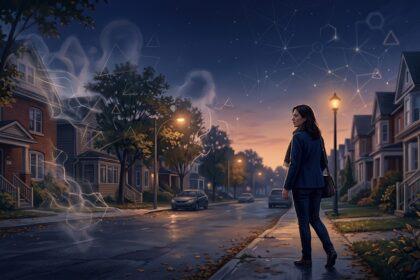 Jamais vu illustration: a woman pausing mid-stride on her own familiar street as it suddenly turns strange and dreamlike at dusk