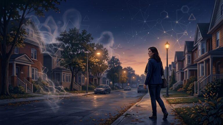 Jamais vu illustration: a woman pausing mid-stride on her own familiar street as it suddenly turns strange and dreamlike at dusk