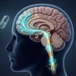 Placebo effect illustration showing the brain descending pain modulatory pathway releasing endogenous opioids
