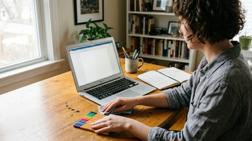 A person organizing and cleaning a desk beside an untouched laptop document illustrating productive procrastination