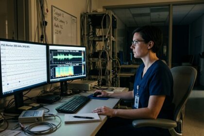 Sleep technician monitoring auditory polysomnography and electroencephalogram slow-wave delta rhythms in white noise vs pink noise clinical trial