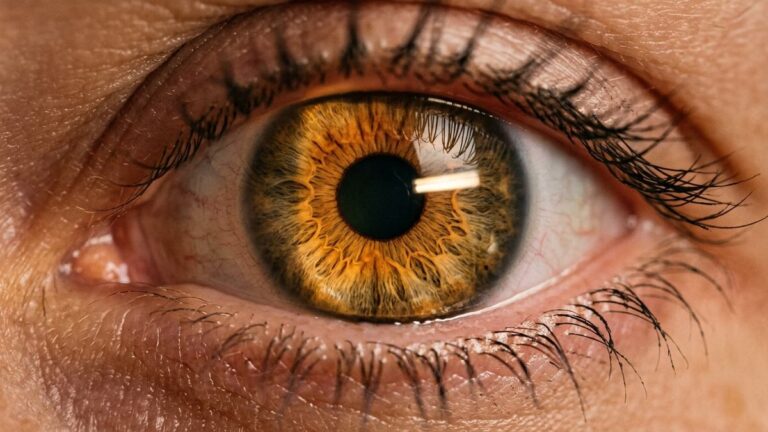 Macro view of human eye showing iris structure and why pupils dilate under illumination