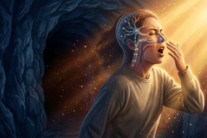 Photic sneeze reflex: a person stepping out of a dark tunnel into bright sunlight, sneezing as stylized neural signals cross from the eye toward the nose