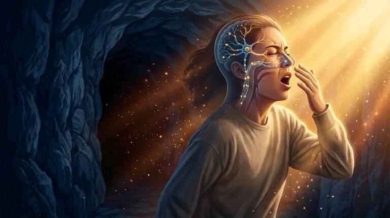 Photic sneeze reflex: a person stepping out of a dark tunnel into bright sunlight, sneezing as stylized neural signals cross from the eye toward the nose