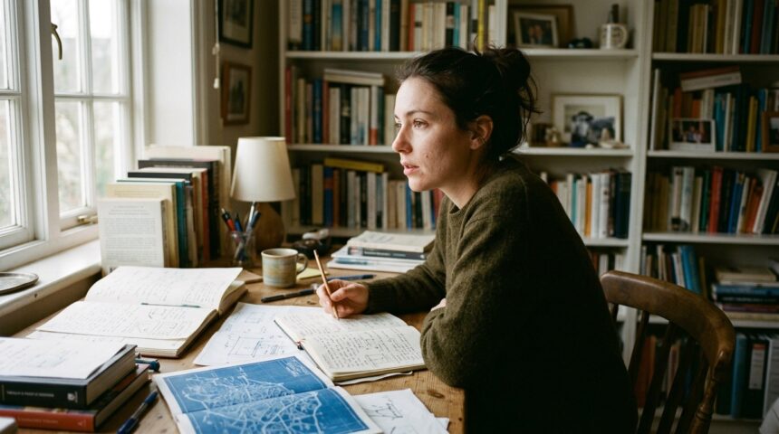 A person thinking aloud alone in a study, the working-hour moment behind why you talk to yourself, with a subtle neural pathway overlay